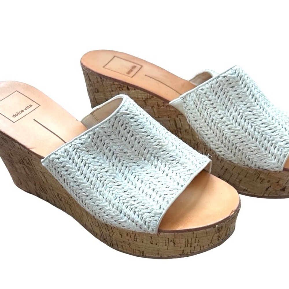 Dolce Vita Cork Wedge Slide Sandals Woven‎ Raffia Upper Platform Mule Size 9-9.5